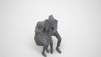 3D human model woman formal sitting, photogrammetry scanned person for archviz, wireframe three-quarter view