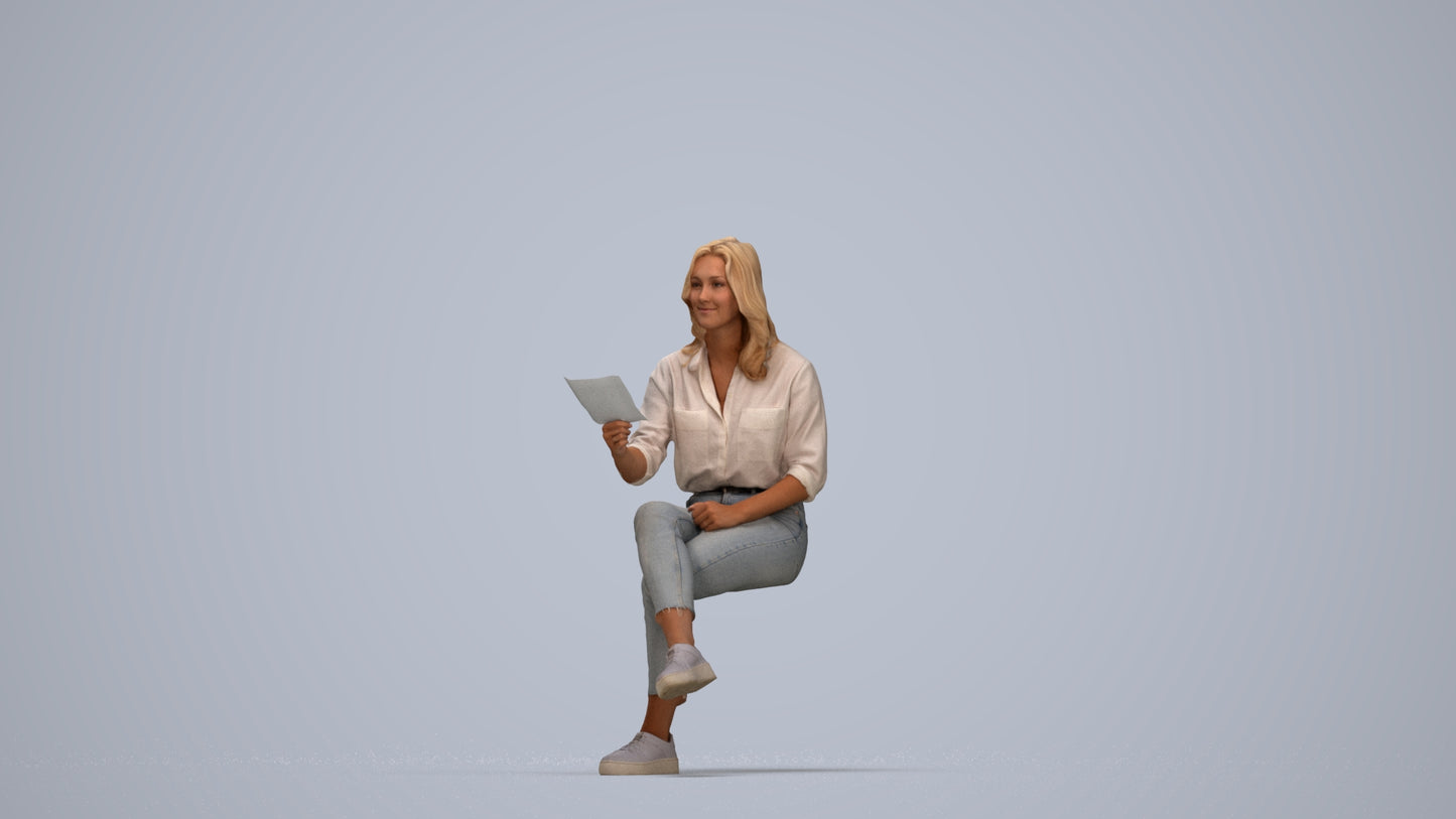 photogrammetry 3D woman casual sitting, realistic human model archviz FBX, top-down view render