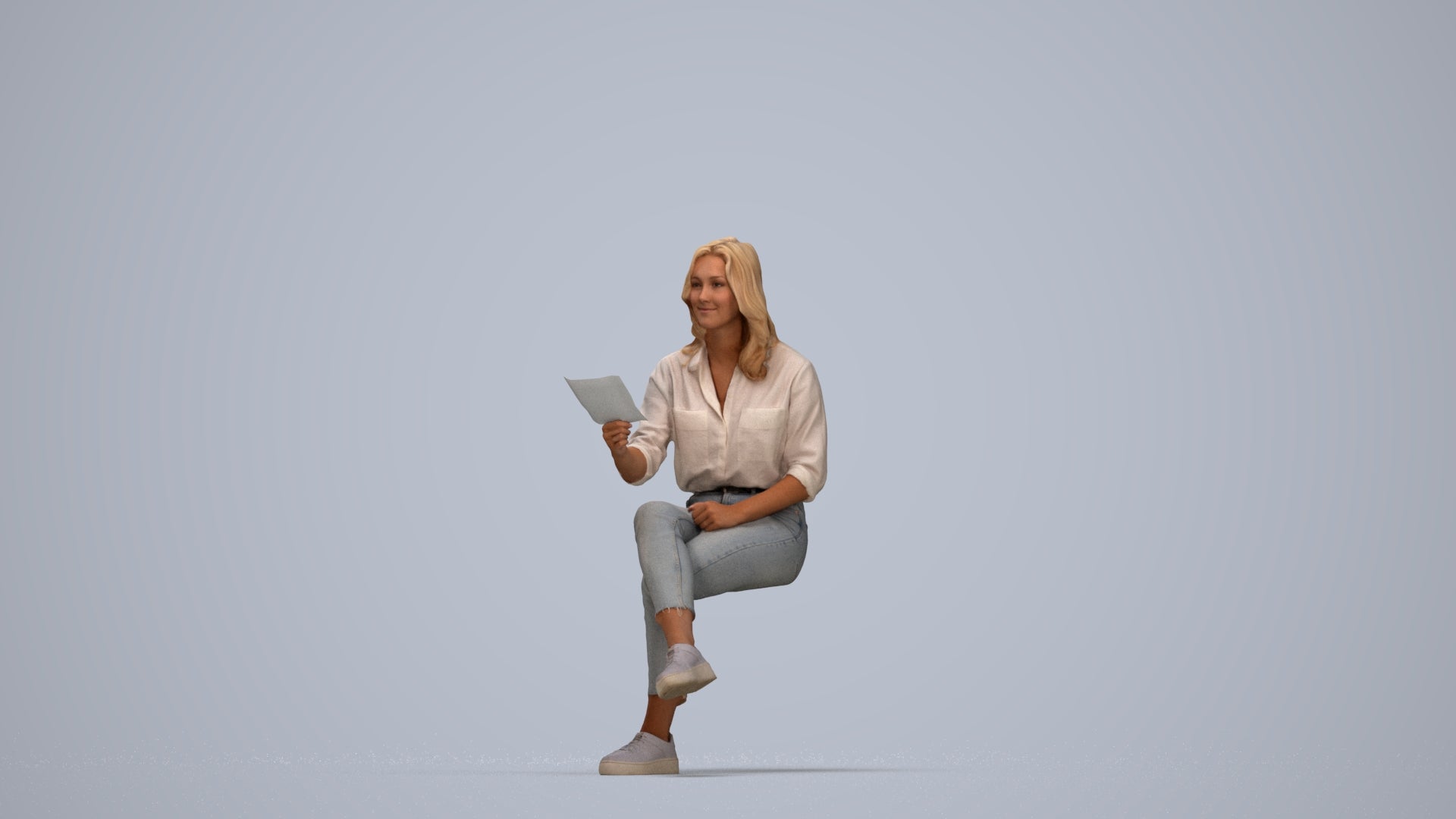 photogrammetry 3D woman casual sitting, realistic human model archviz FBX, top-down view render