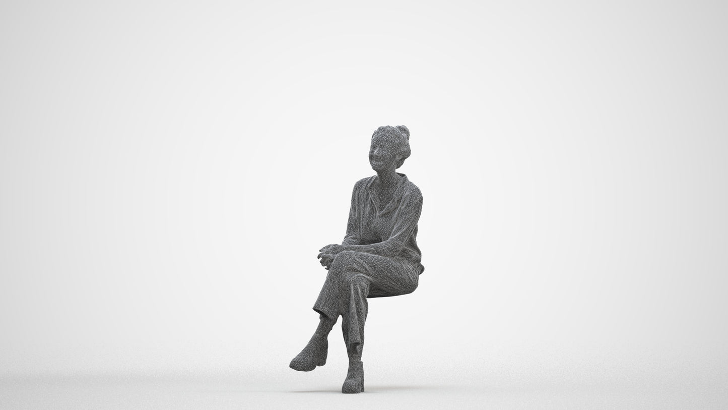 photogrammetry 3D woman casual sitting, realistic human model archviz FBX, three-quarter front view render