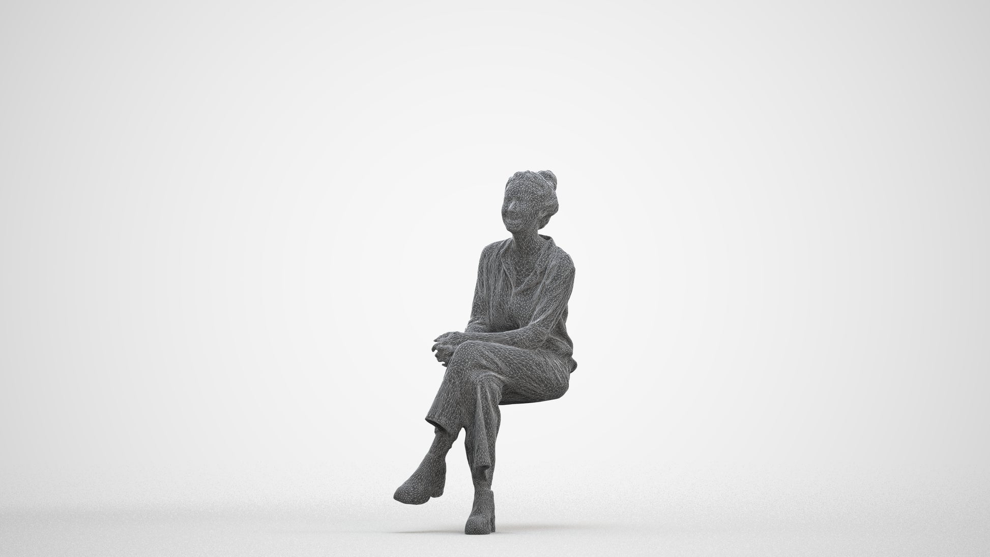 photogrammetry 3D woman casual sitting, realistic human model archviz FBX, three-quarter front view render
