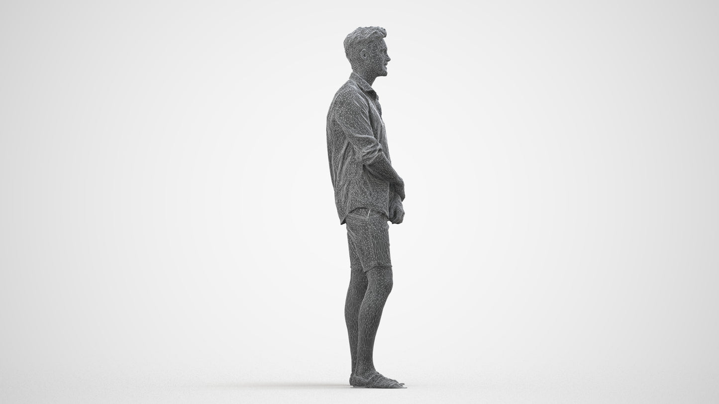 3D scanned man standing casual, photorealistic archviz people for Enscape and SketchUp, wireframe side view