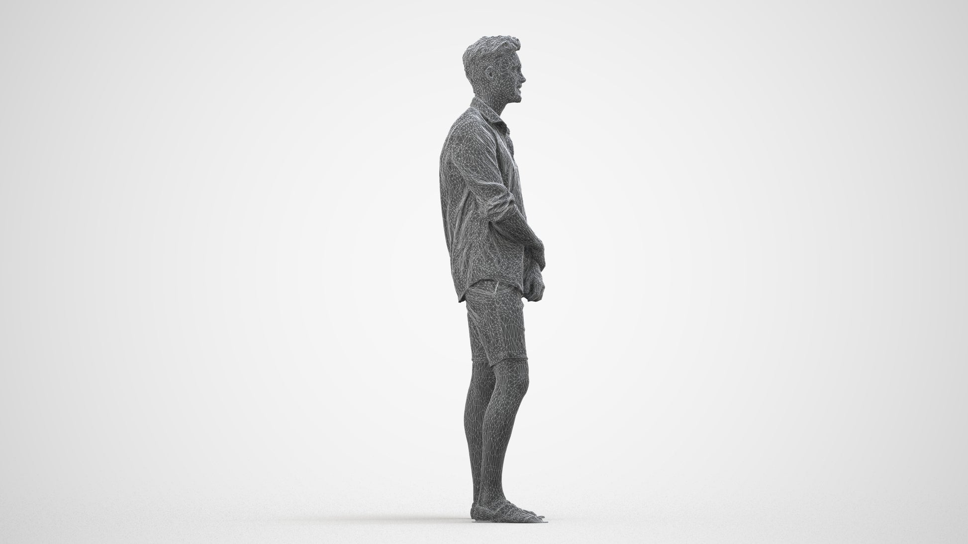 3D scanned man standing casual, photorealistic archviz people for Enscape and SketchUp, wireframe side view