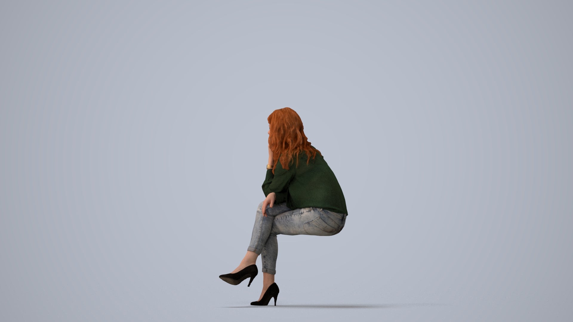 realistic 3D human woman casual sitting, archviz people FBX OBJ for Blender, three-quarter view render