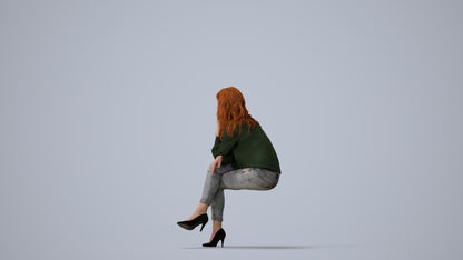 realistic 3D human woman casual sitting, archviz people FBX OBJ for Blender, three-quarter view render