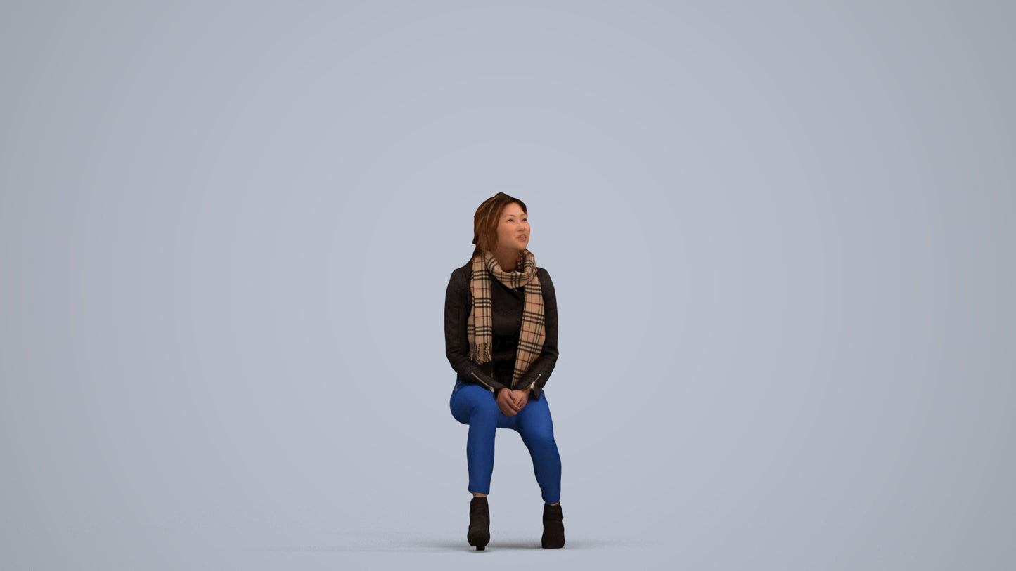 3D human model woman casual sitting, photogrammetry scanned person for archviz, standing pose render