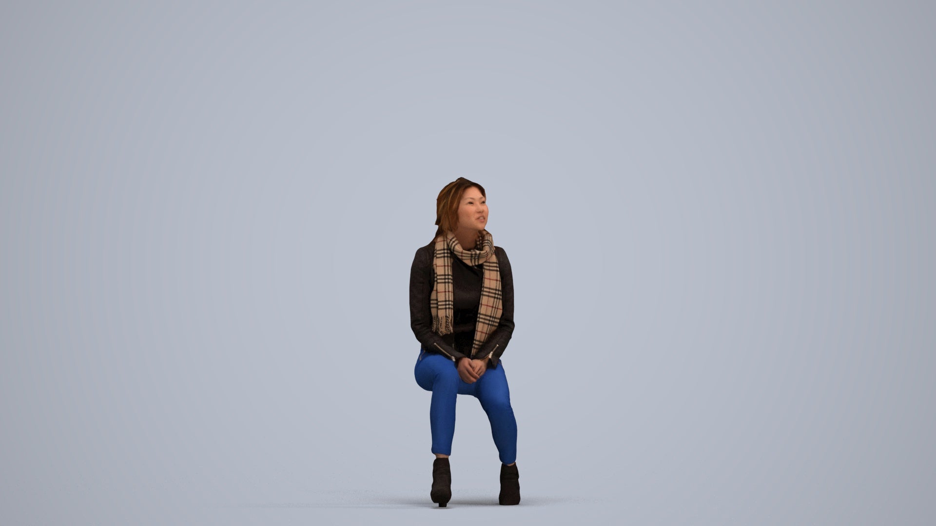 3D human model woman casual sitting, photogrammetry scanned person for archviz, standing pose render