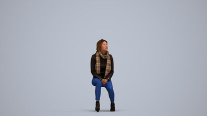 3D human model woman casual sitting, photogrammetry scanned person for archviz, standing pose render