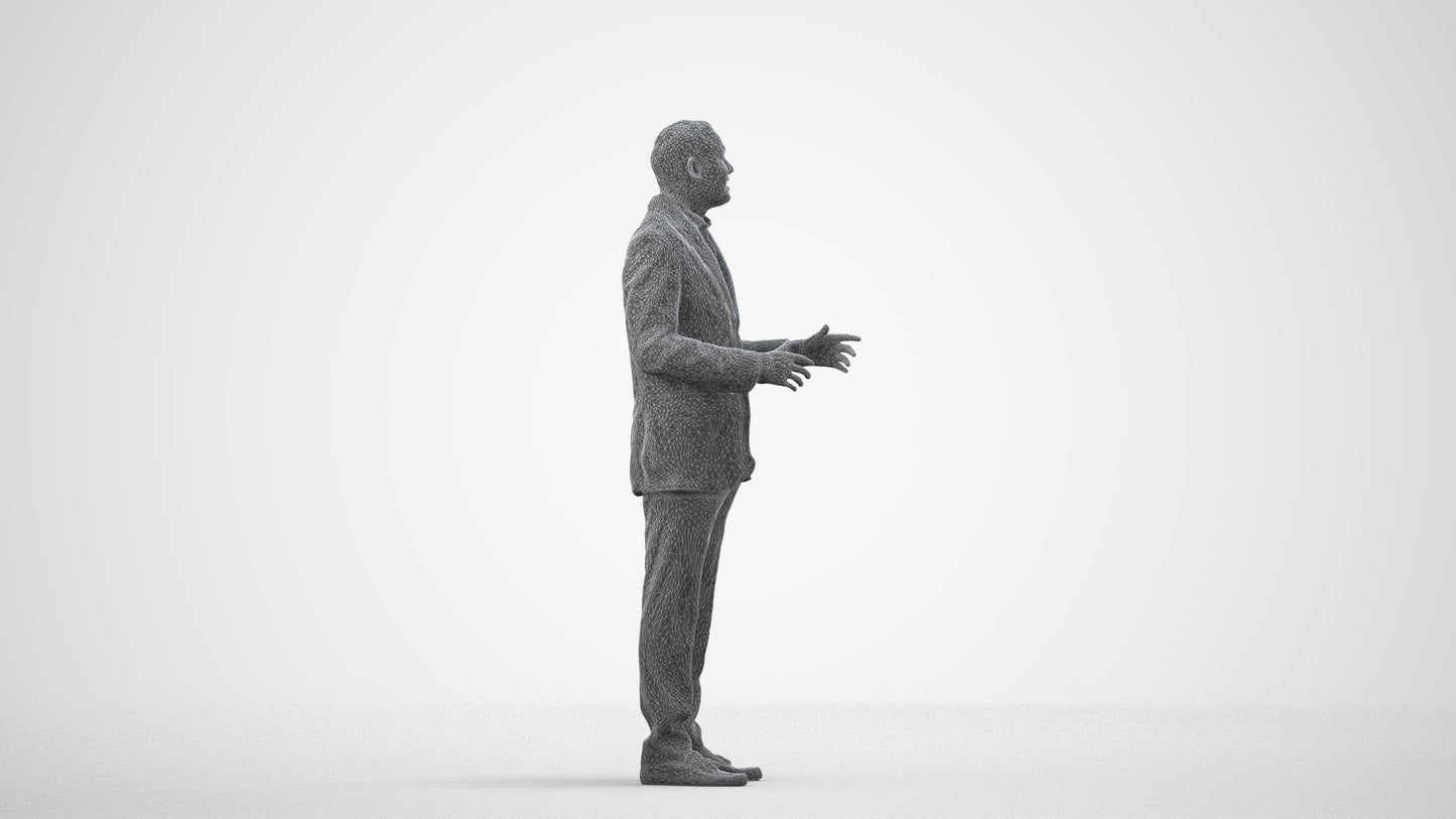 3D scanned man standing formal, photorealistic archviz people for Enscape and SketchUp, wireframe side view