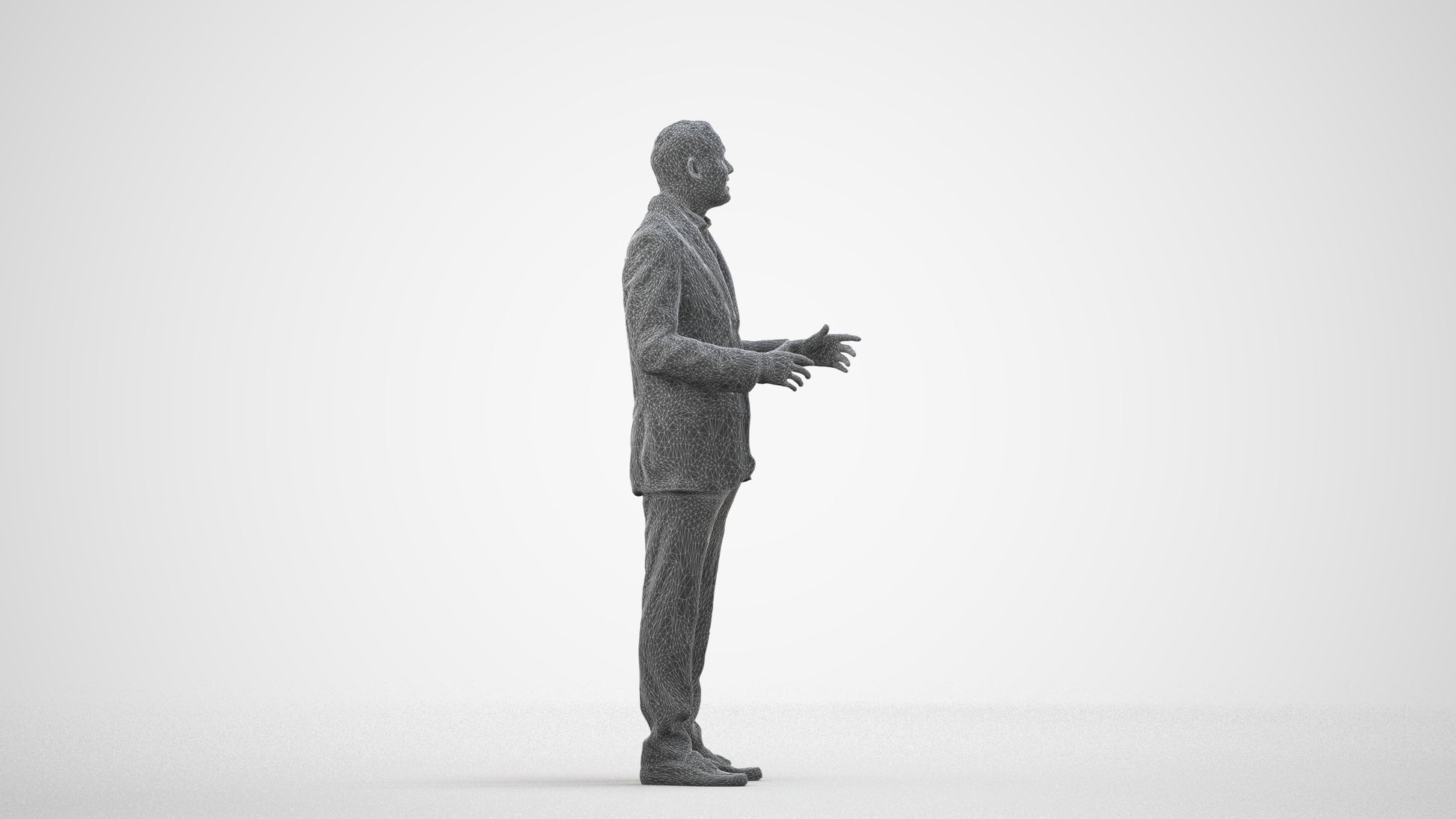 3D scanned man standing formal, photorealistic archviz people for Enscape and SketchUp, wireframe side view