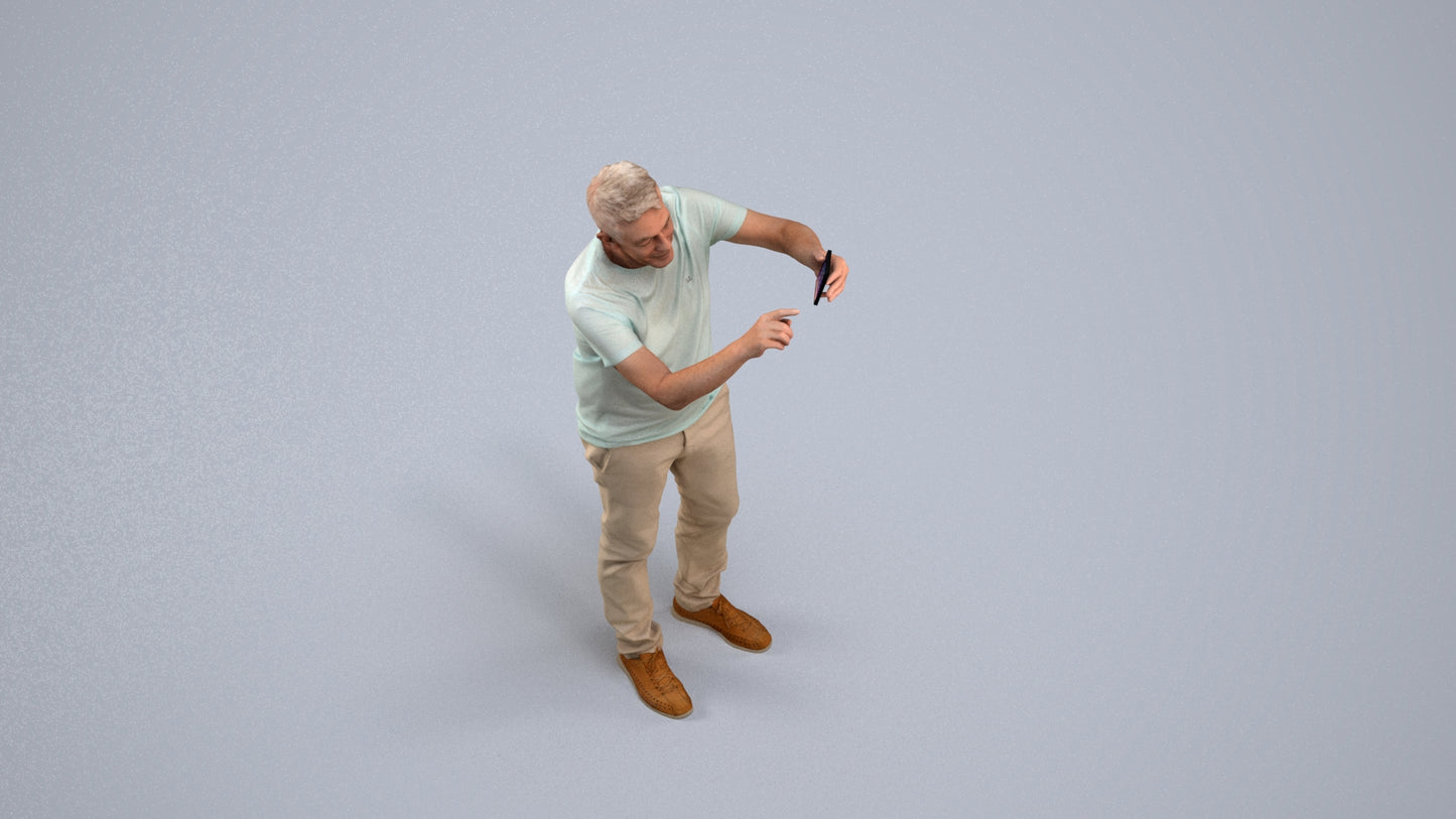 3D human model senior man casual standing, photogrammetry scanned person for archviz, back view render