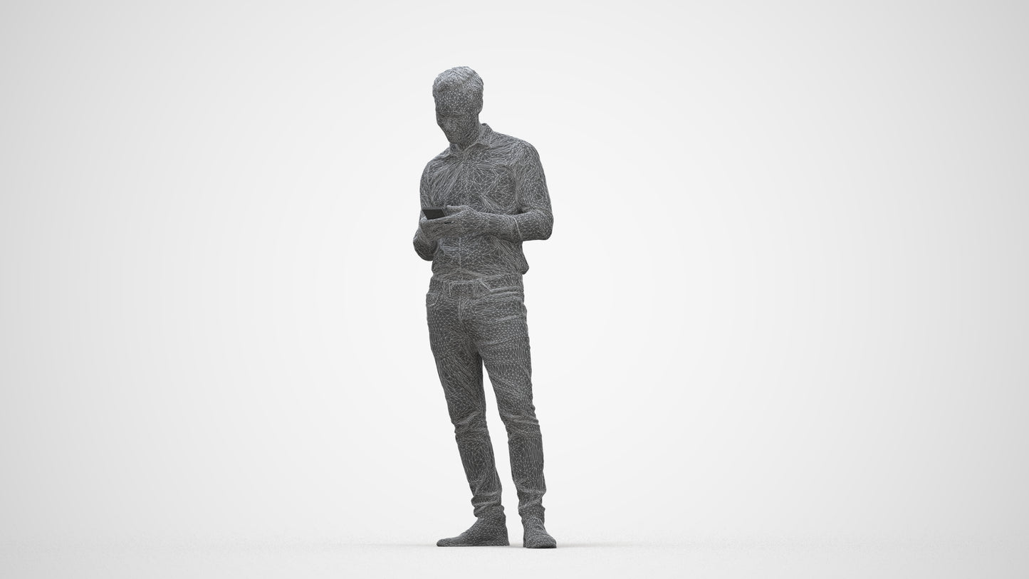 3D people model man casual standing, scanned human for 3ds Max rendering, wireframe back view