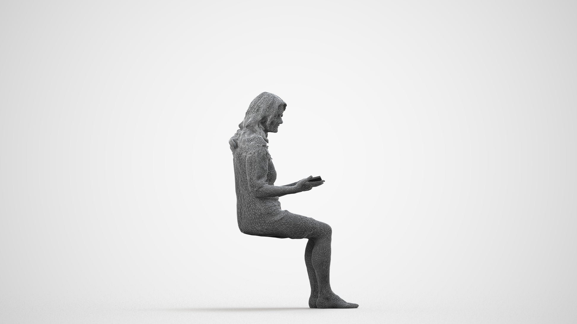 photogrammetry 3D senior woman casual sitting, realistic human model archviz FBX, wireframe side view