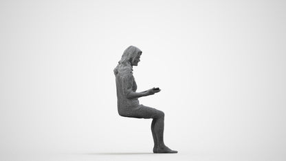 photogrammetry 3D senior woman casual sitting, realistic human model archviz FBX, wireframe side view