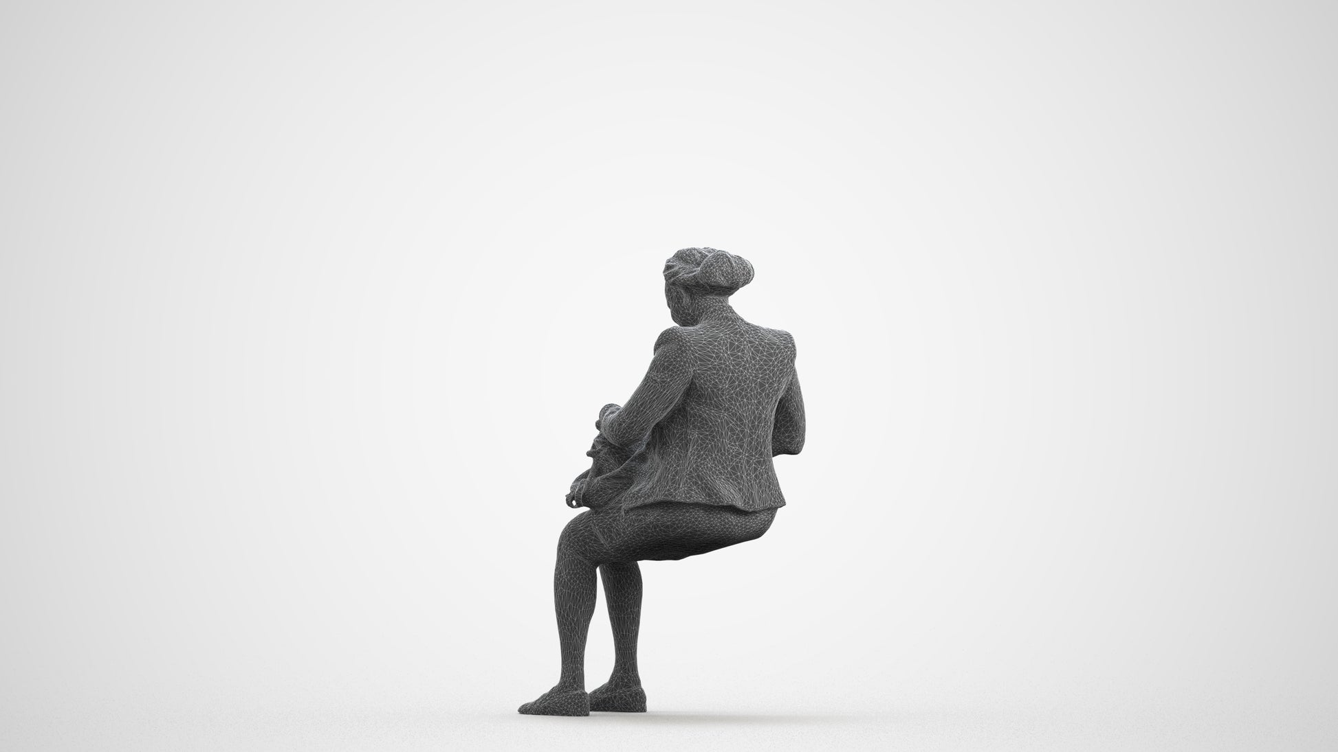 3D human model woman business sitting, photogrammetry scanned person for archviz, wireframe front view