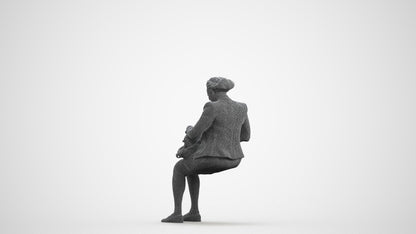 3D human model woman business sitting, photogrammetry scanned person for archviz, wireframe front view