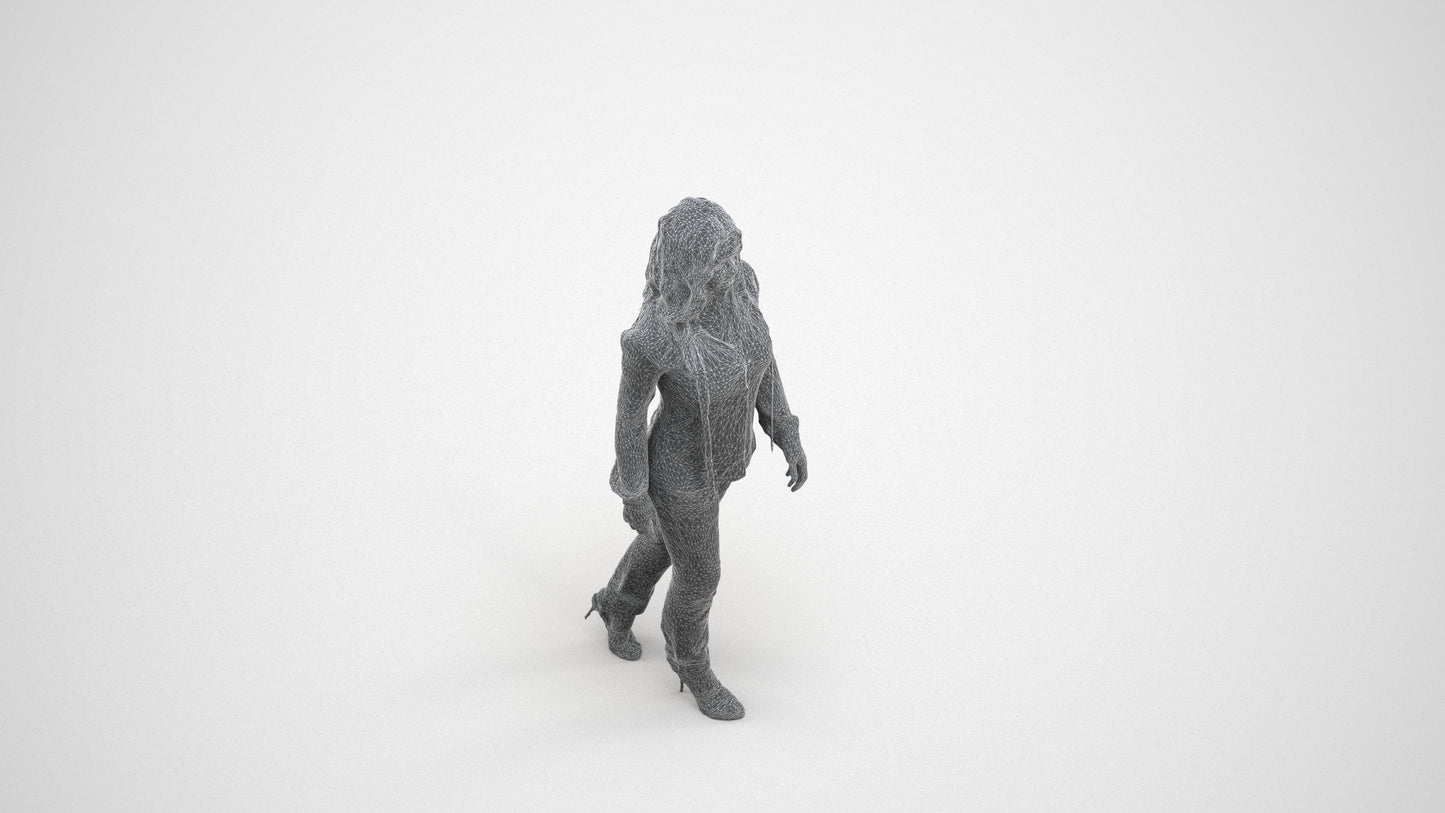 realistic 3D human woman casual walking, archviz people FBX OBJ for Blender, wireframe three-quarter view