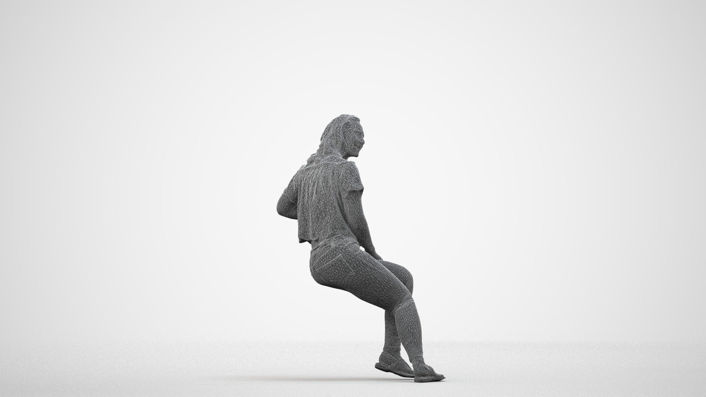 realistic 3D people woman casual sitting, render-ready for V-Ray and Corona, FBX OBJ, wireframe side view