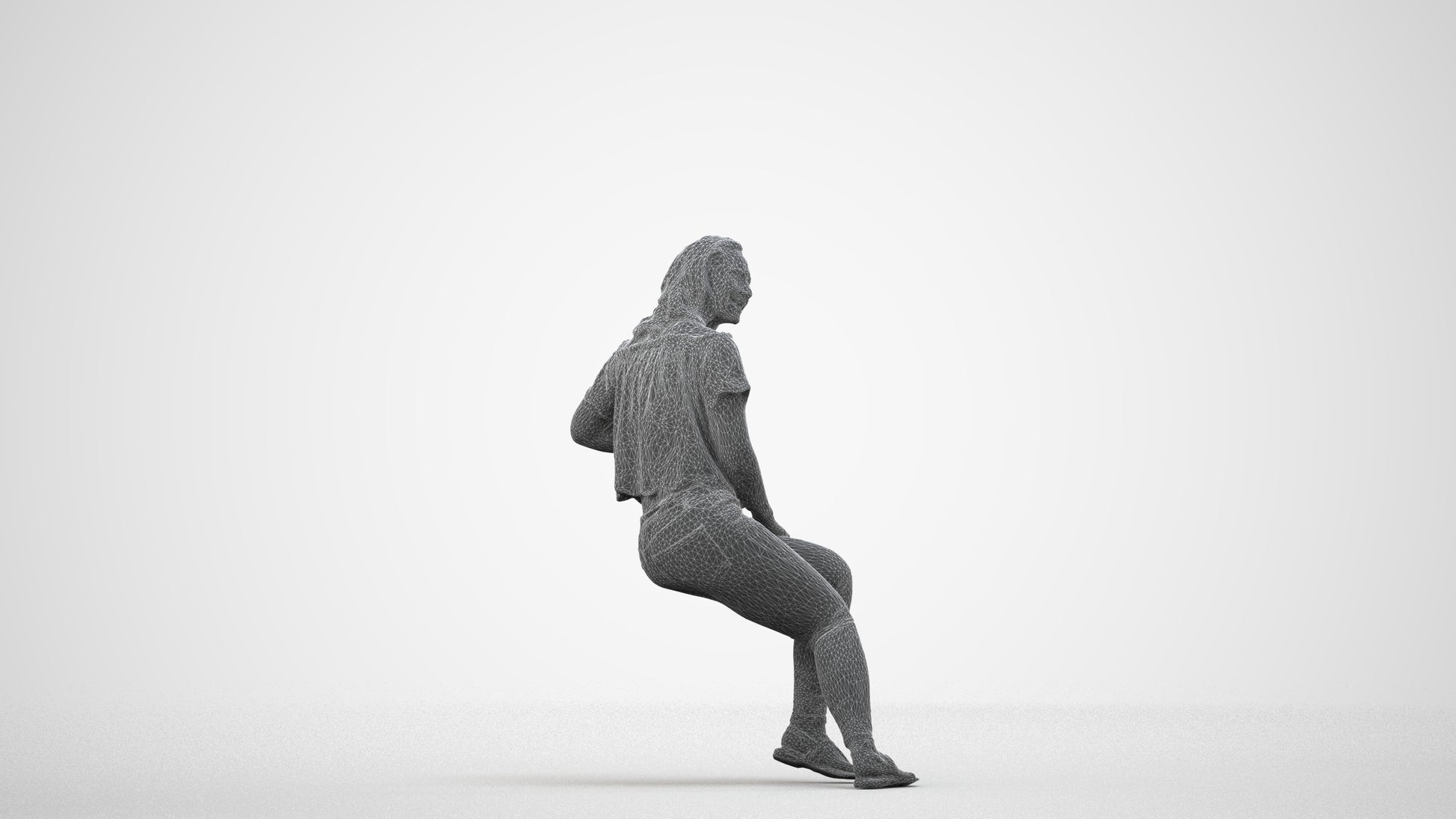 realistic 3D people woman casual sitting, render-ready for V-Ray and Corona, FBX OBJ, wireframe side view