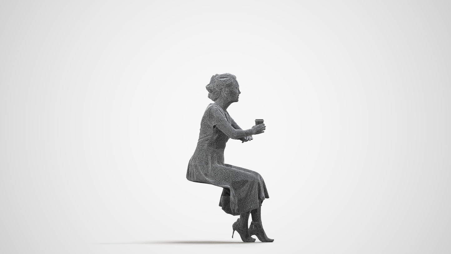 realistic 3D woman casual sitting, scanned archviz people for Blender and 3ds Max, wireframe side view