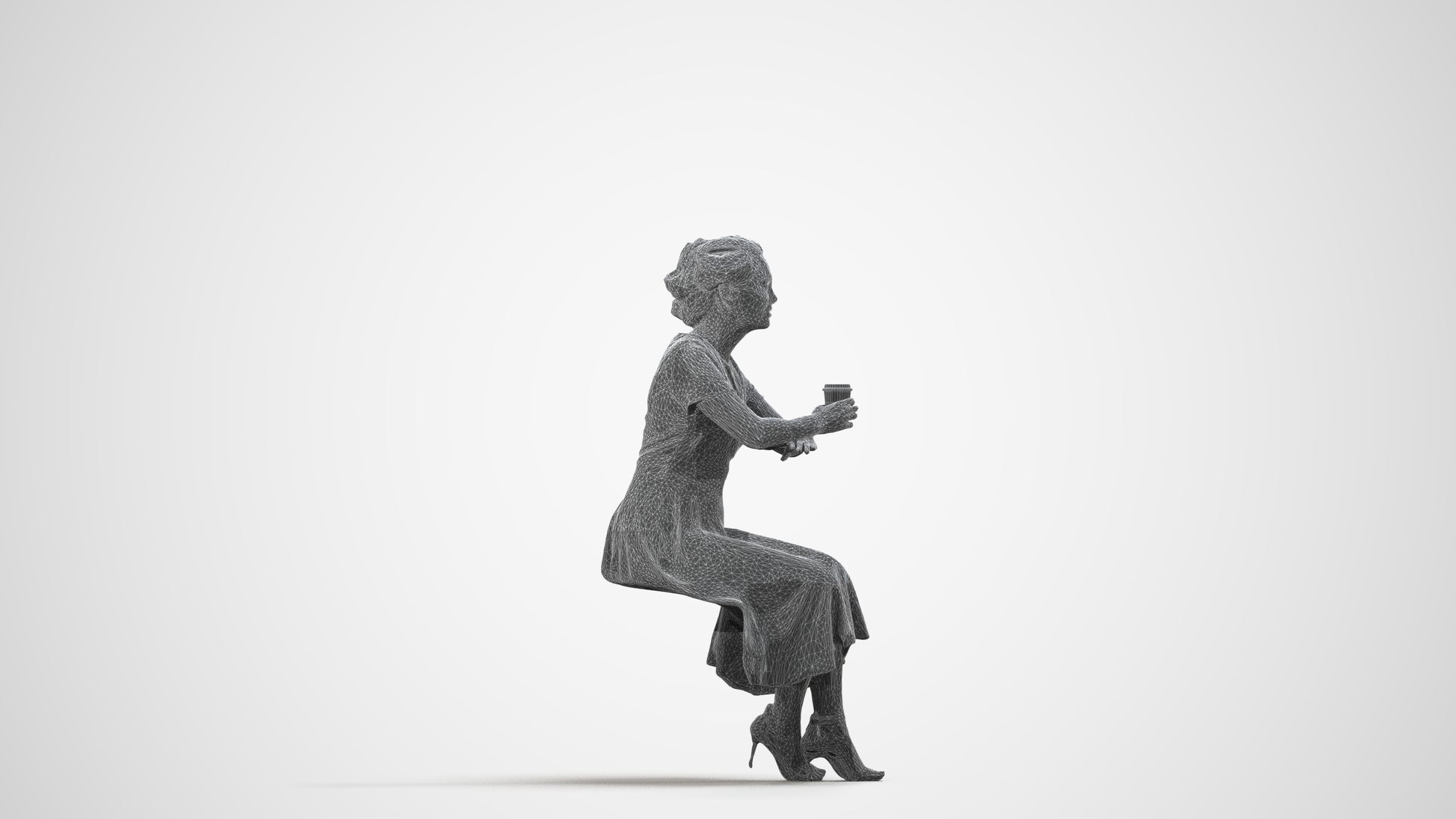 realistic 3D woman casual sitting, scanned archviz people for Blender and 3ds Max, wireframe side view