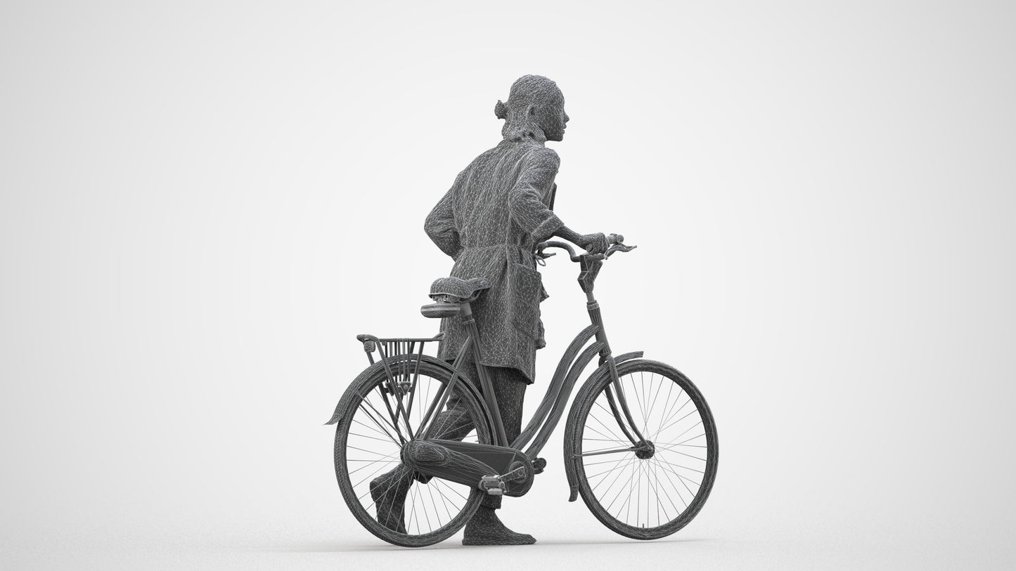 3D human model woman casual cycling, photogrammetry scanned person for archviz, wireframe side view