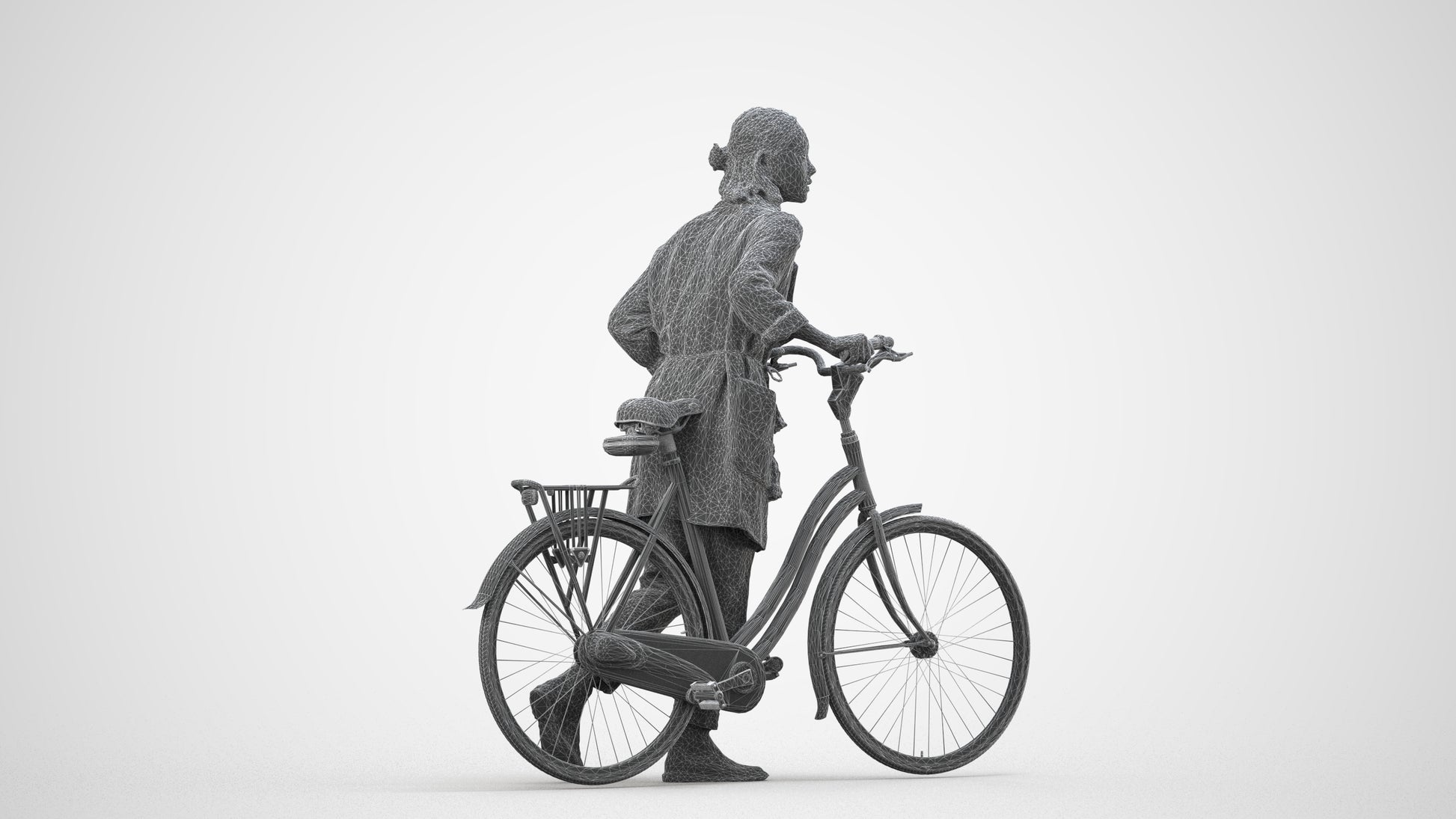 3D human model woman casual cycling, photogrammetry scanned person for archviz, wireframe side view