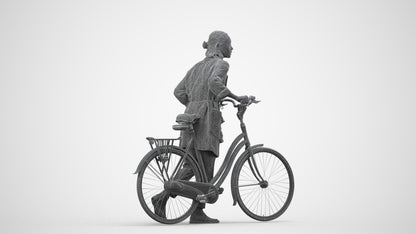 3D human model woman casual cycling, photogrammetry scanned person for archviz, wireframe side view