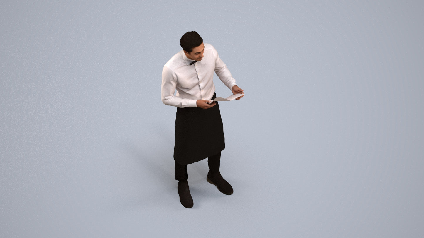 realistic 3D human man hospitality, archviz people FBX OBJ for Blender, back view render