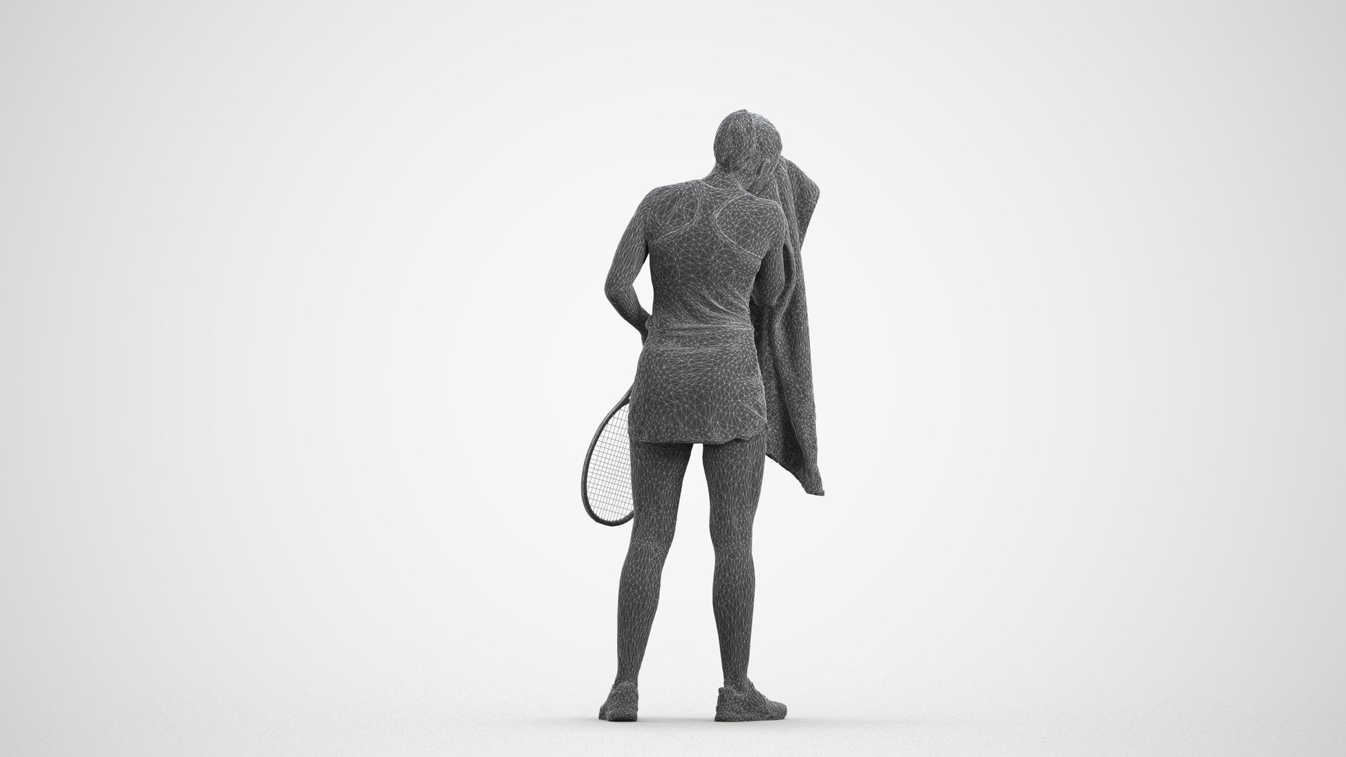 3D human model girl sport, photogrammetry scanned person for archviz, wireframe front view