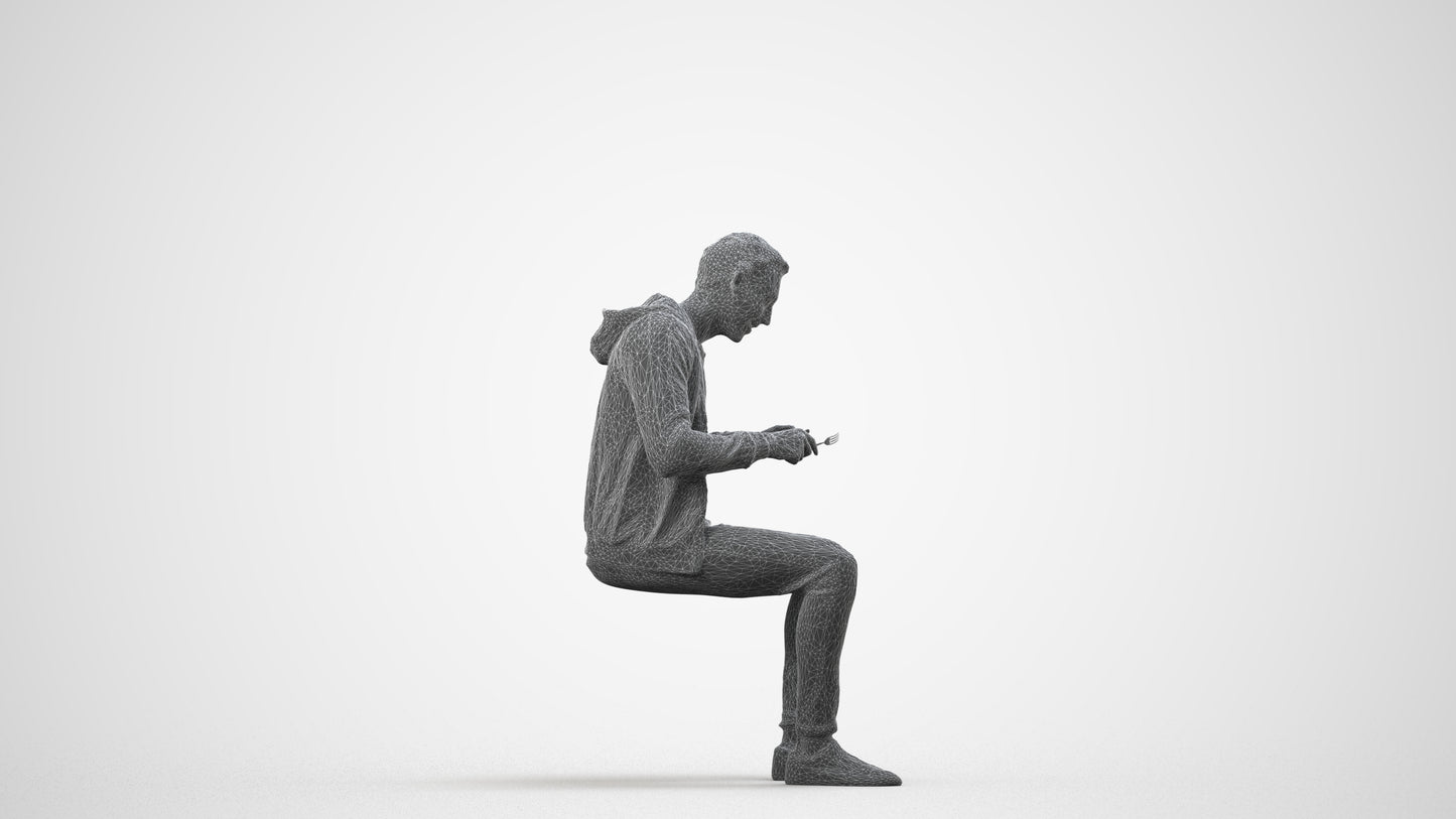 realistic 3D man casual sitting, scanned archviz people for Blender and 3ds Max, wireframe side view