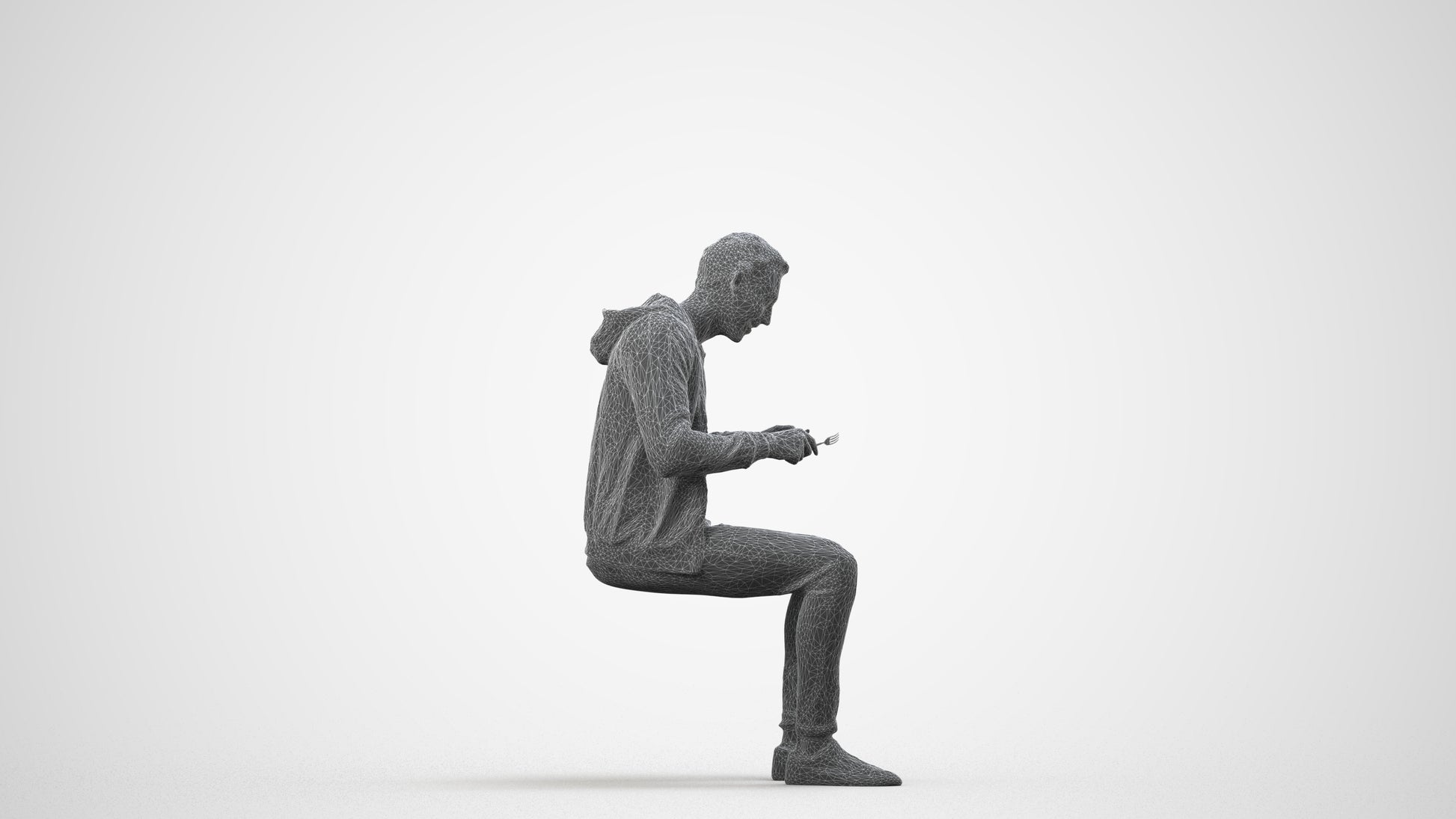 realistic 3D man casual sitting, scanned archviz people for Blender and 3ds Max, wireframe side view