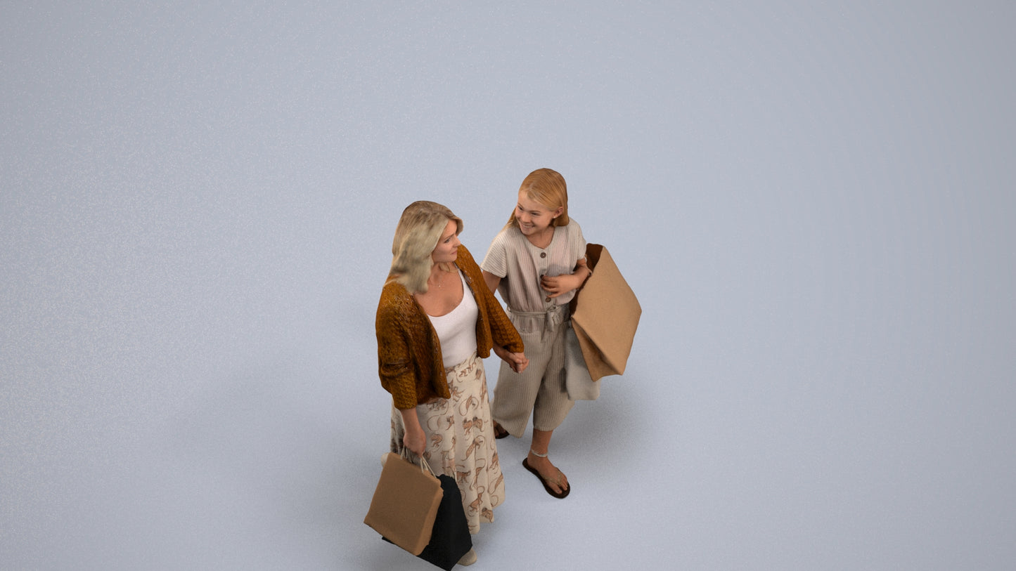 3D human model girl casual shopping, photogrammetry scanned person for archviz, back view render
