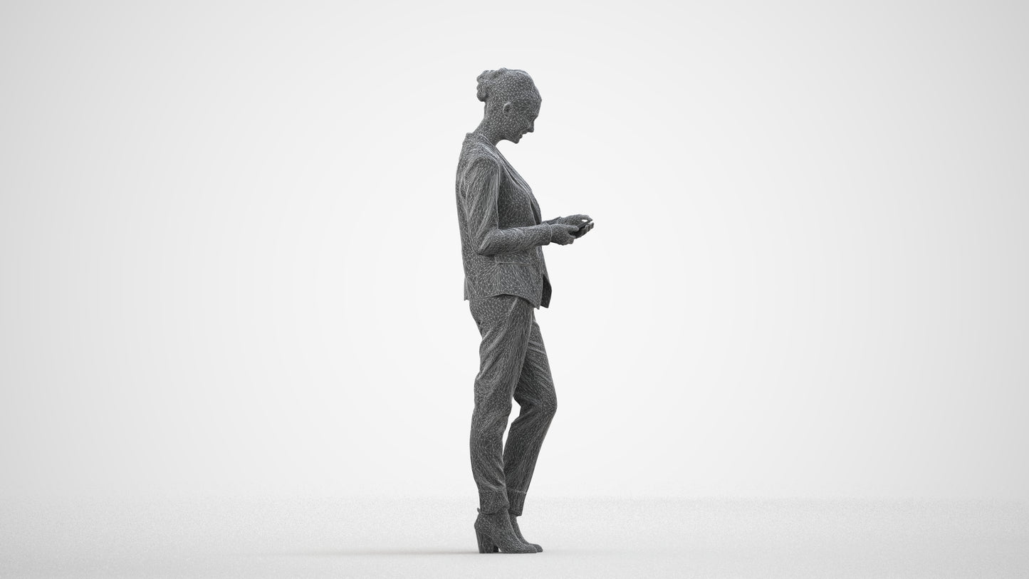 3D human model woman business standing, photogrammetry scanned person for archviz, wireframe side view