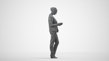 3D human model woman business standing, photogrammetry scanned person for archviz, wireframe side view