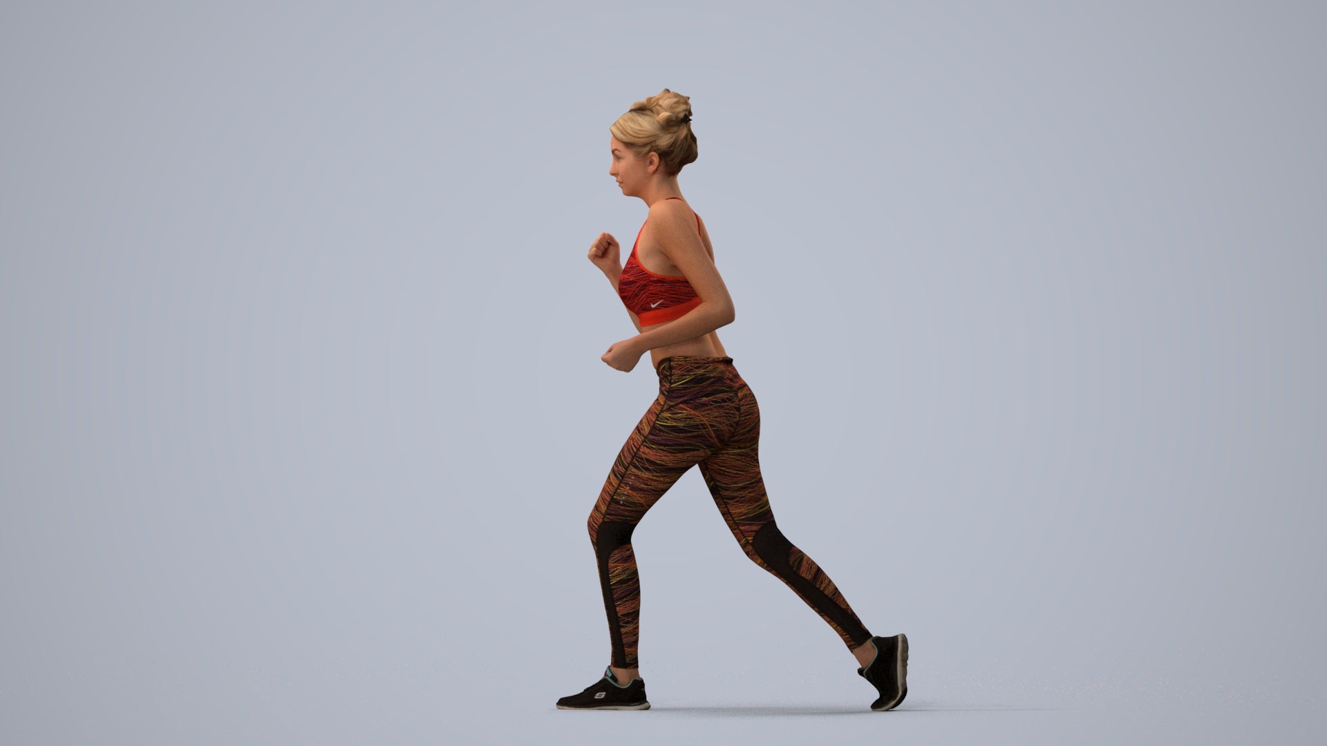 photogrammetry 3D woman sport walking, realistic human model archviz FBX, three-quarter view render