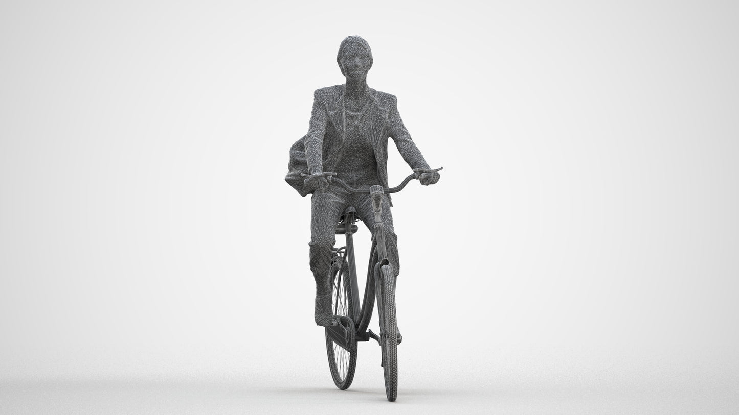 photogrammetry 3D woman business cycling, realistic human model archviz FBX, three-quarter front view render