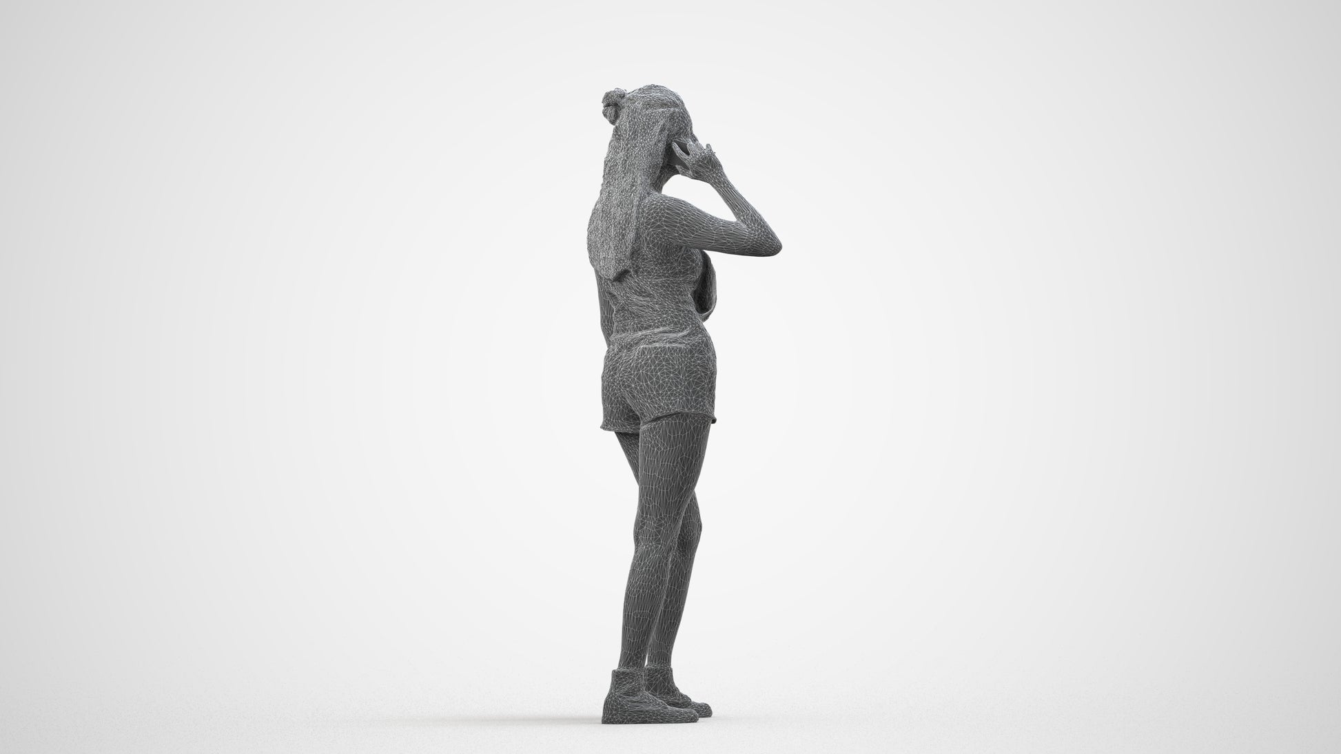 realistic 3D woman casual standing, scanned archviz people for Blender and 3ds Max, wireframe side view