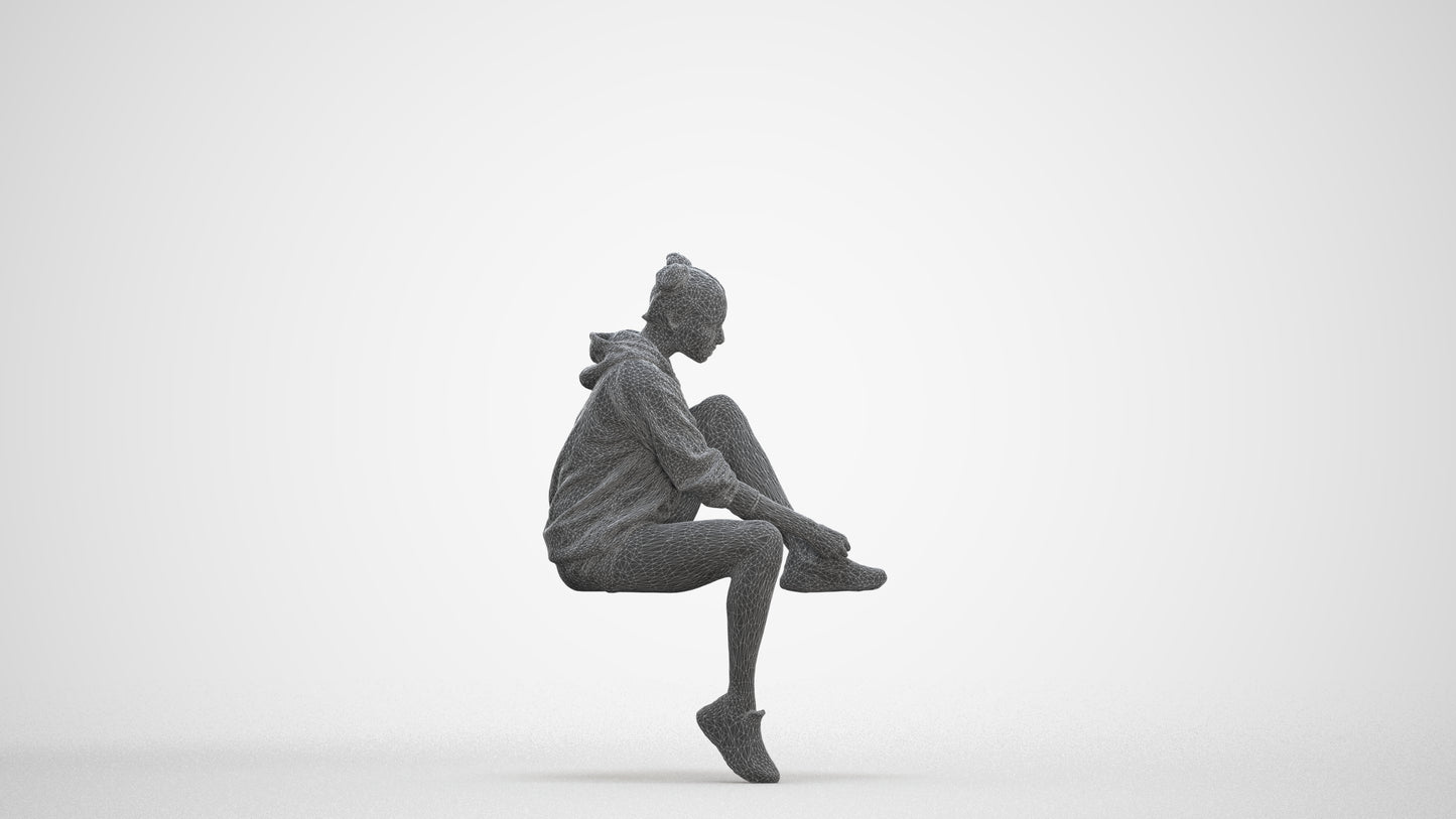 3D people model woman casual sitting, scanned human for 3ds Max rendering, three-quarter front view render