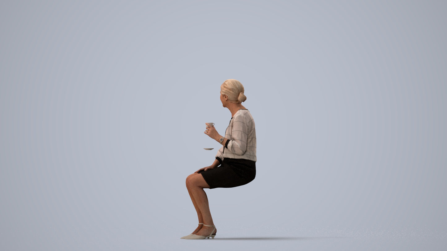 realistic 3D human senior woman casual sitting, archviz people FBX OBJ for Blender, three-quarter view render