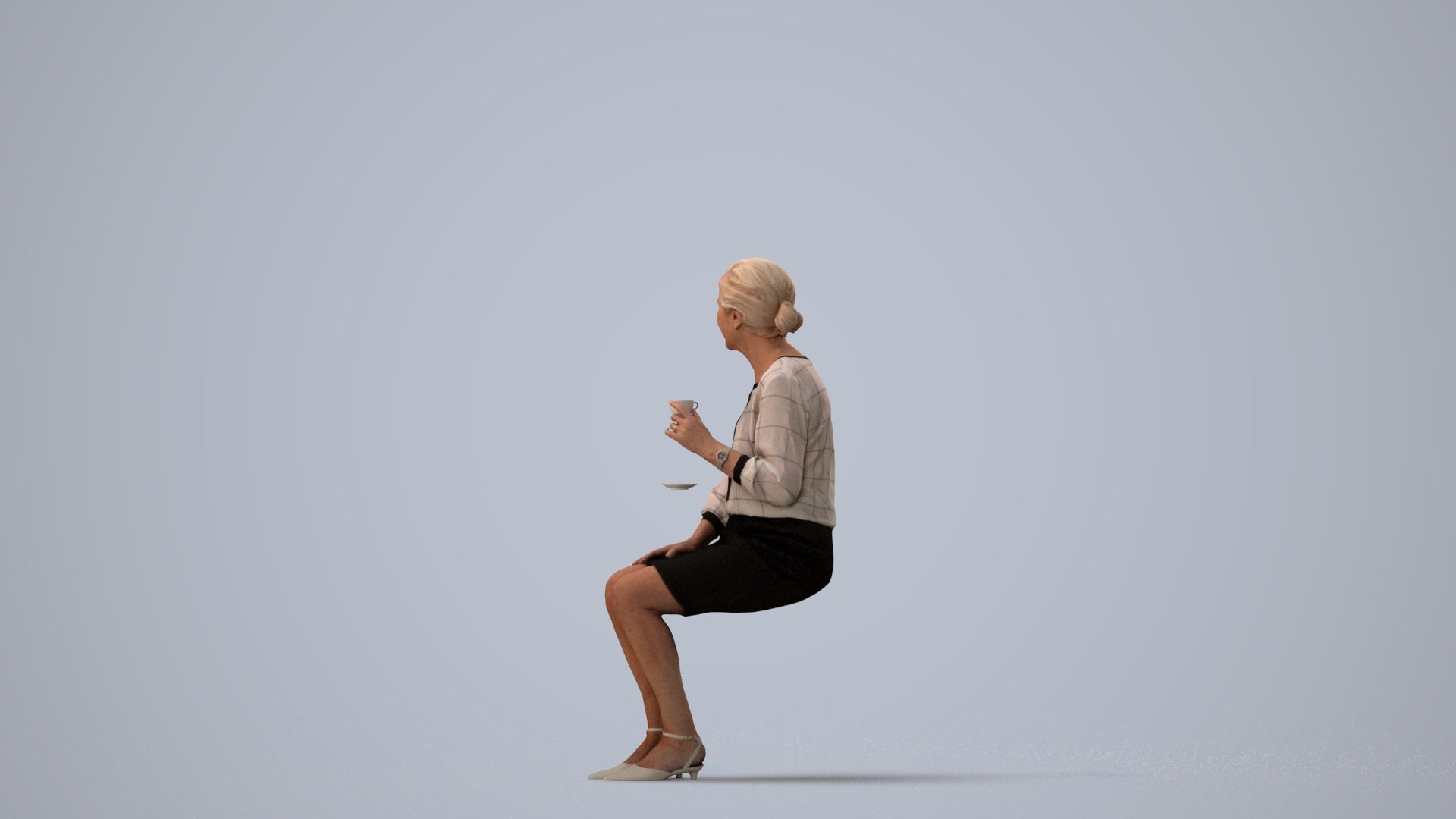realistic 3D human senior woman casual sitting, archviz people FBX OBJ for Blender, three-quarter view render