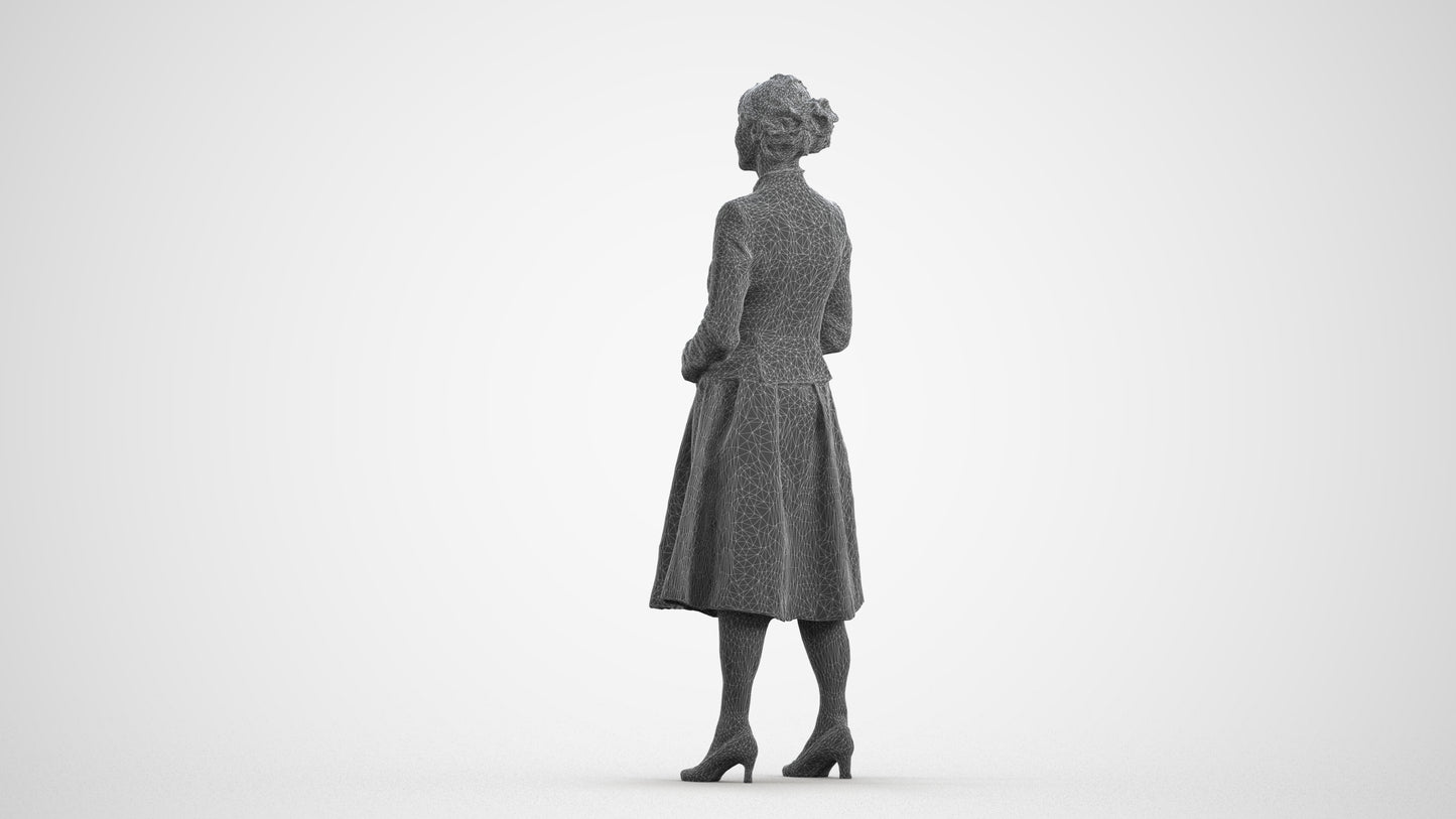 realistic 3D senior woman business standing, scanned archviz people for Blender and 3ds Max, wireframe front view