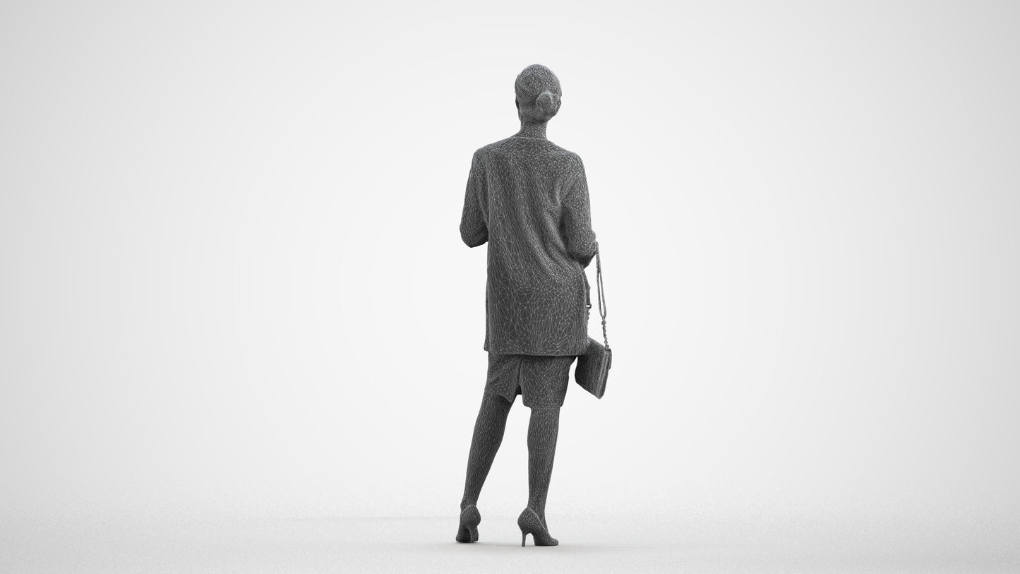 3D scanned woman standing casual, photorealistic archviz people for Enscape and SketchUp, wireframe front view