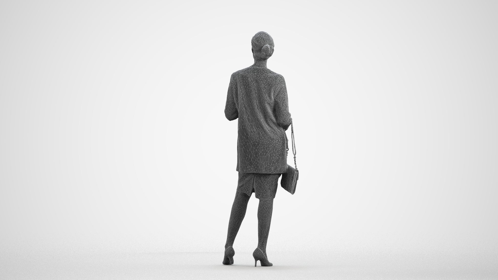 3D scanned woman standing casual, photorealistic archviz people for Enscape and SketchUp, wireframe front view