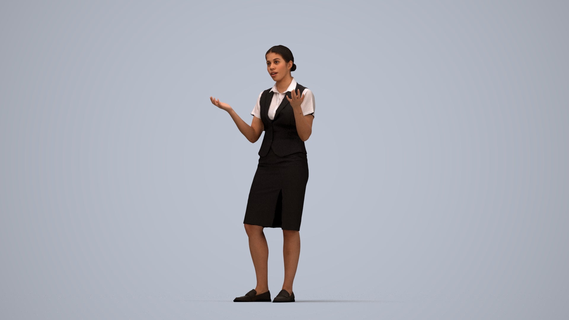 realistic 3D human woman hospitality, archviz people FBX OBJ for Blender, top-down view render