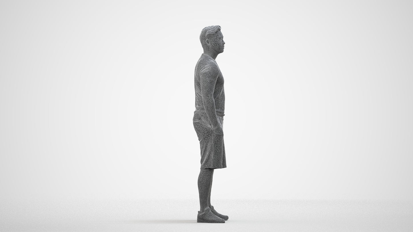3D people model man sport standing, scanned human for 3ds Max rendering, wireframe side view
