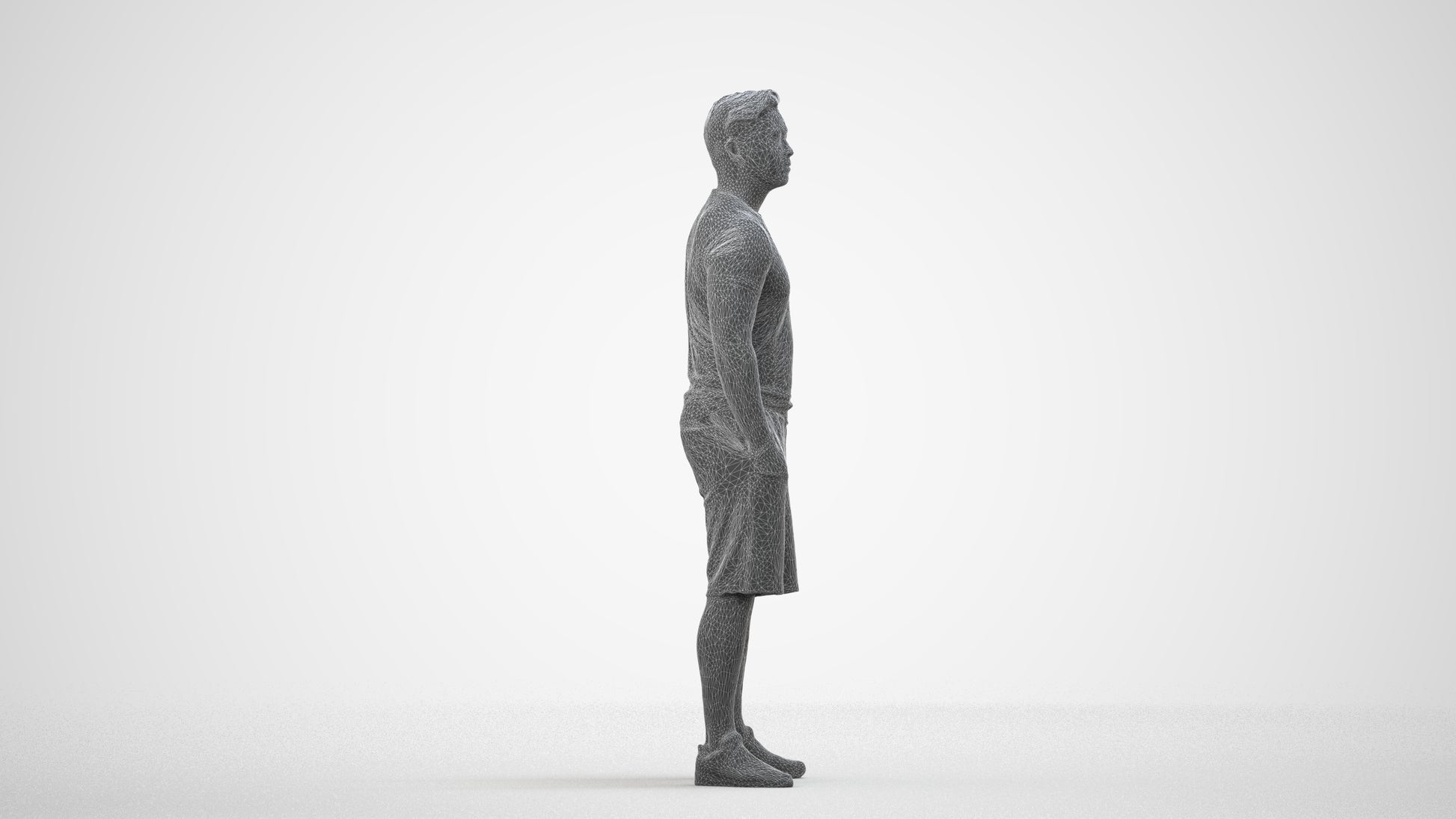 3D people model man sport standing, scanned human for 3ds Max rendering, wireframe side view