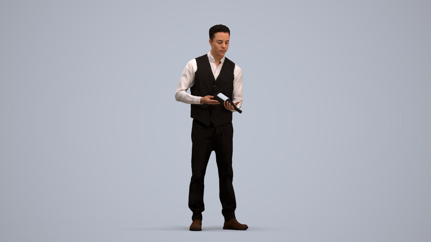 3D human model man hospitality, photogrammetry scanned person for archviz, standing pose render