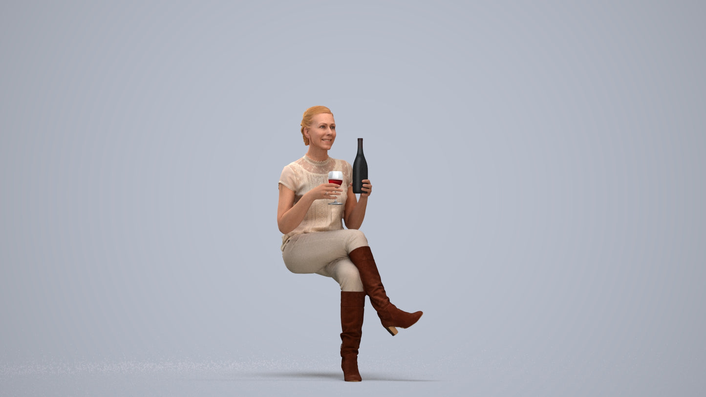 3D human model woman casual sitting, photogrammetry scanned person for archviz, standing pose render