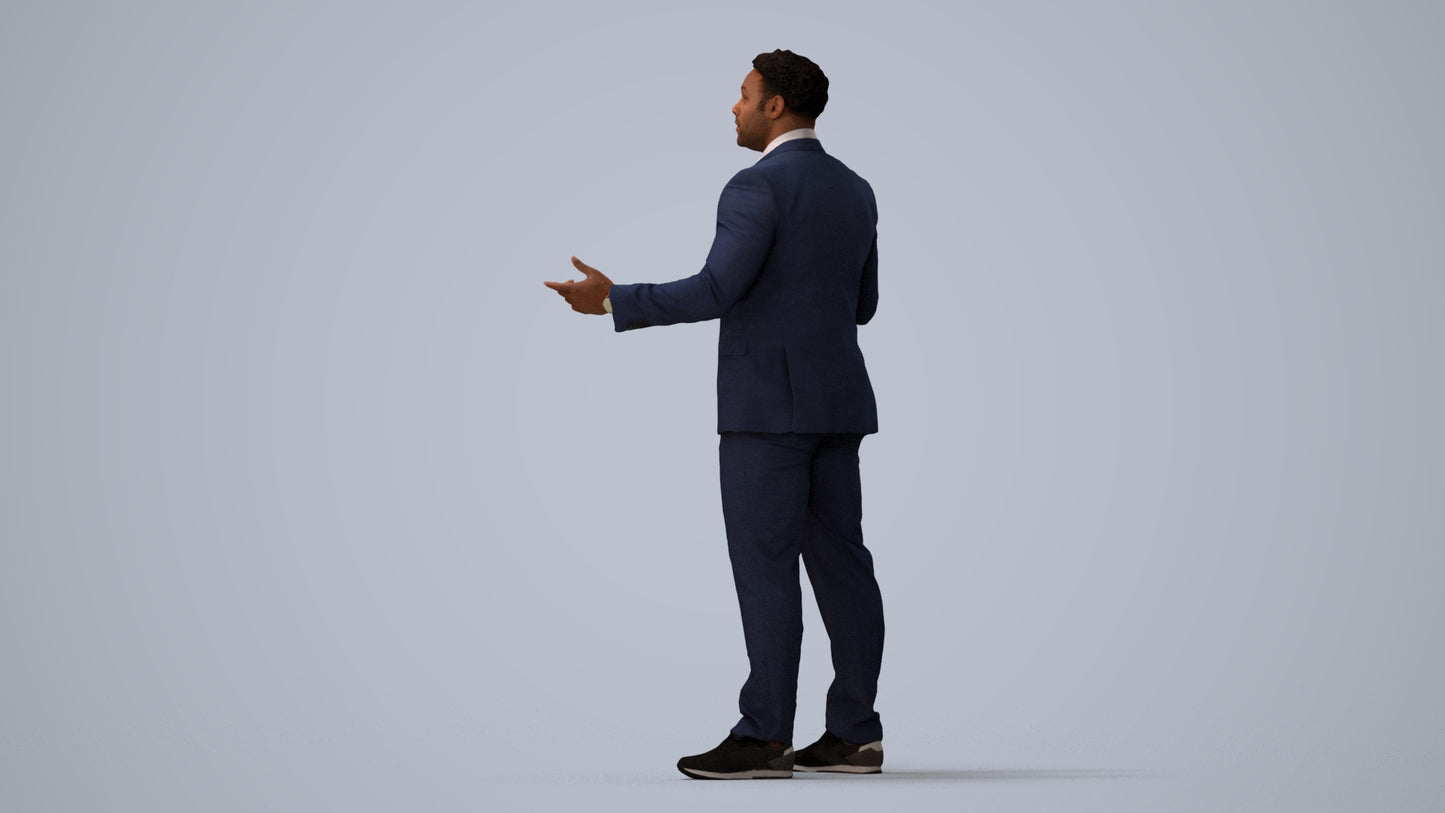 3D human model man business, photogrammetry scanned person for archviz, three-quarter view render
